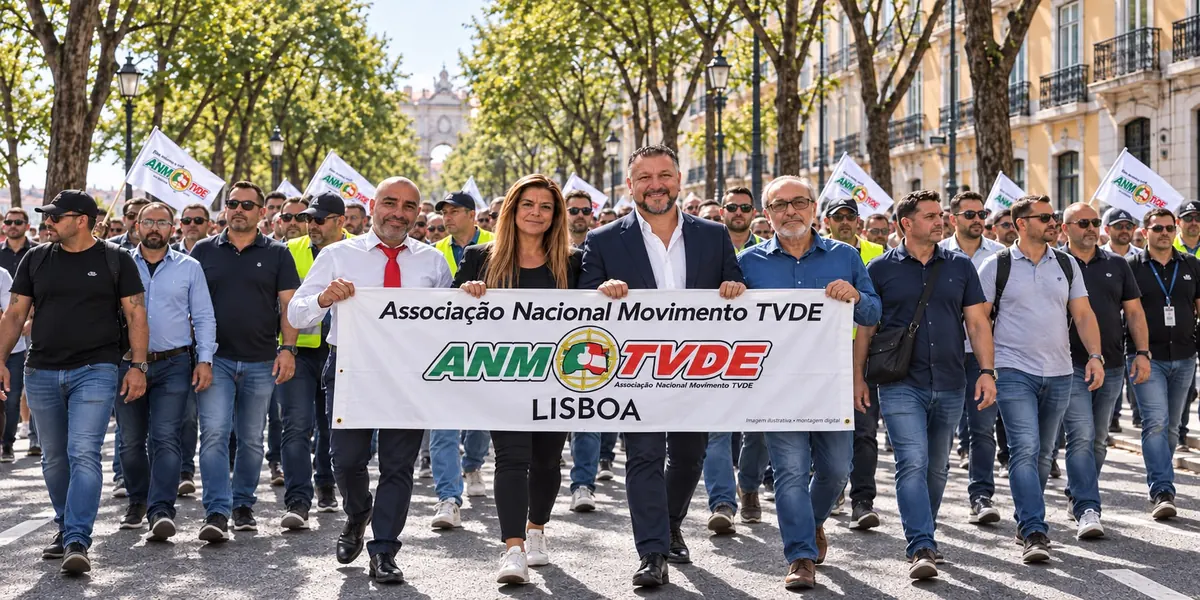 Dirigentes da ANM-TVDE com a faixa da associação, numa marcha em Lisboa